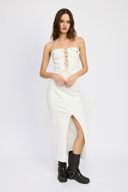 Mya Lace Up Corset Front Slit Maxi Dress