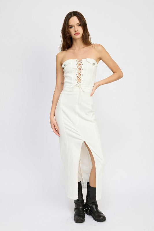 Mya Lace Up Corset Front Slit Maxi Dress