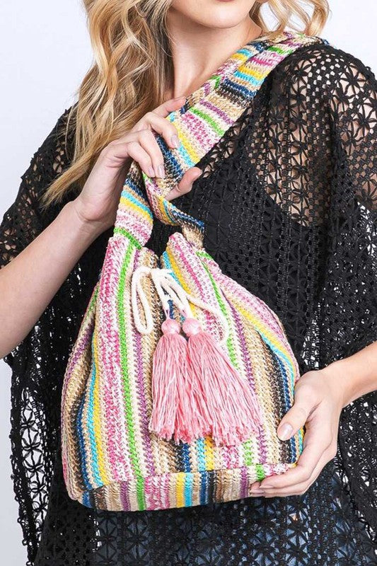 Karli Boho Tassel Stripe Bucket Bag