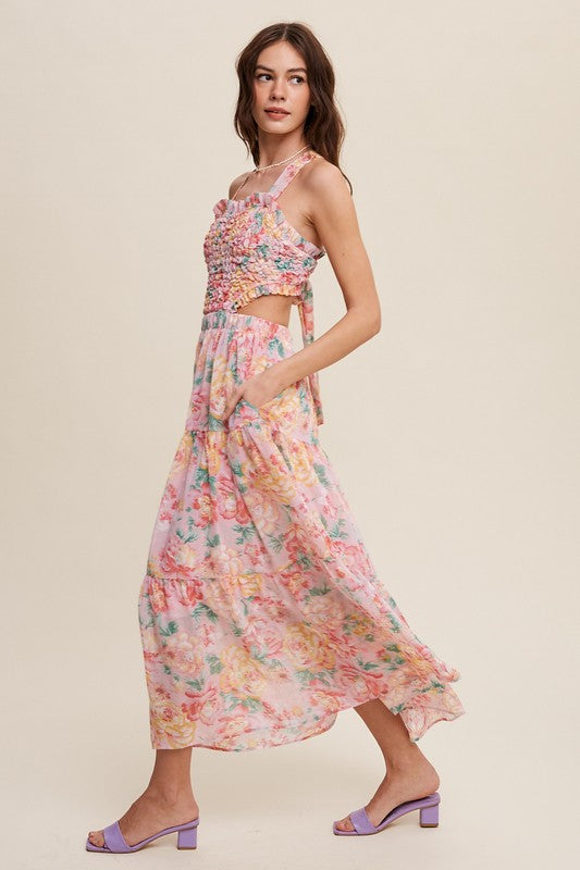 Ava Floral Bubble Textured Cut Out Maxi Dress