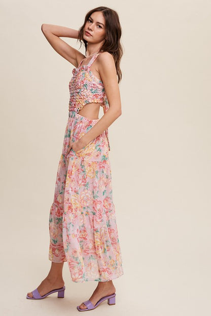 Ava Floral Bubble Textured Cut Out Maxi Dress