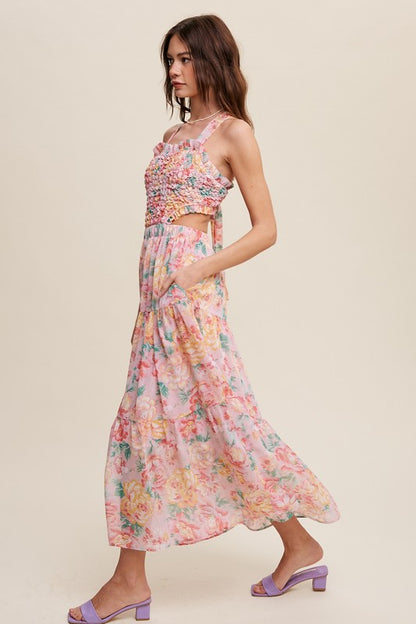 Ava Floral Bubble Textured Cut Out Maxi Dress