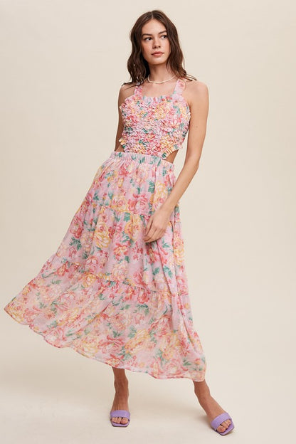 Ava Floral Bubble Textured Cut Out Maxi Dress