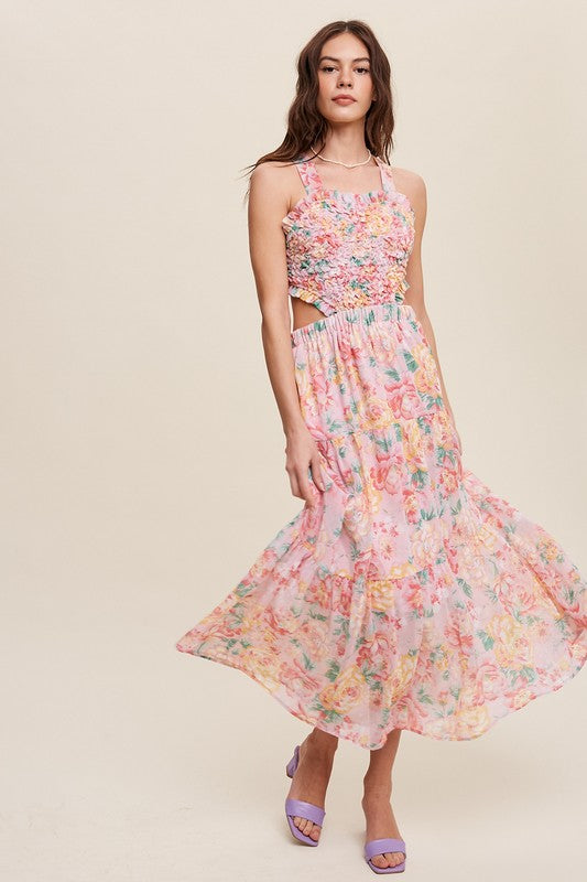 Ava Floral Bubble Textured Cut Out Maxi Dress