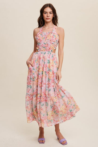 Ava Floral Bubble Textured Cut Out Maxi Dress