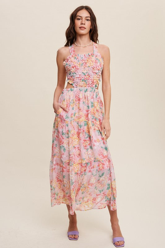 Ava Floral Bubble Textured Cut Out Maxi Dress