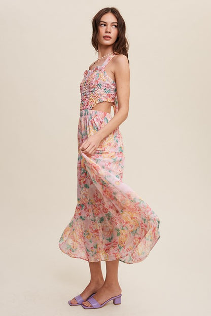 Ava Floral Bubble Textured Cut Out Maxi Dress