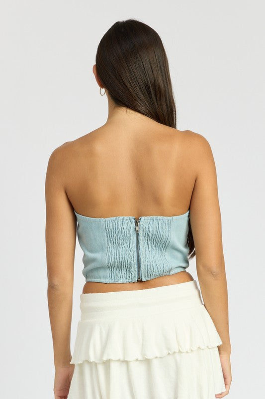 Lucy Denim Rosette Corset Tube Top