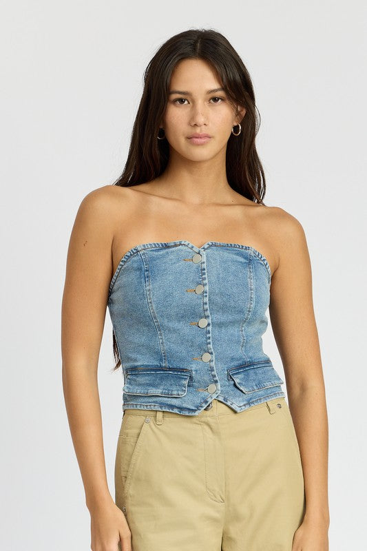 Bonnie Button Front Denim Bustier Top