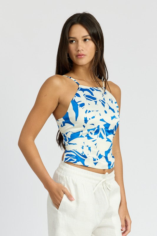 Lucca Lace Up Back Floral Halter Top