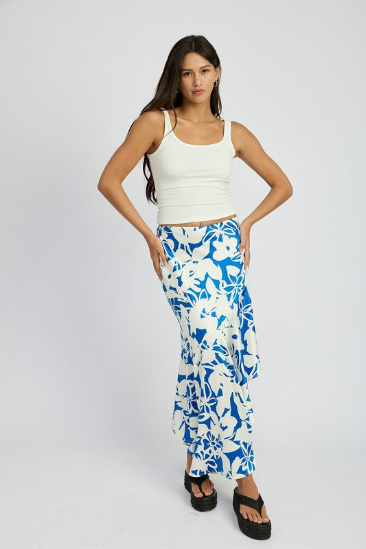 Lucca Asymmetrical Ruffle Hem Floral Maxi Skirt