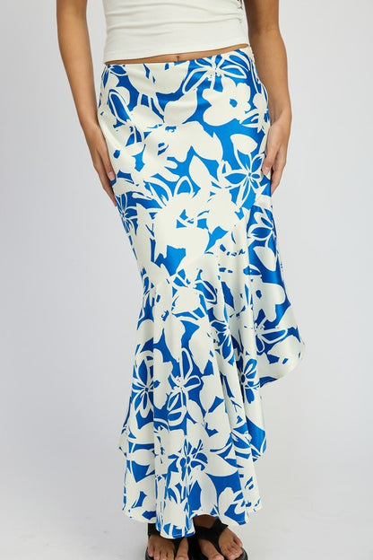 Lucca Asymmetrical Ruffle Hem Floral Maxi Skirt