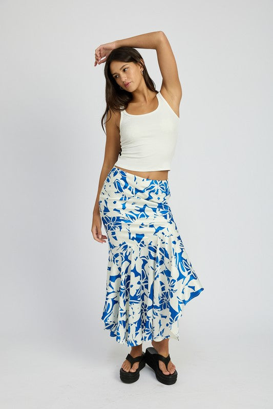 Lucca Asymmetrical Ruffle Hem Floral Maxi Skirt