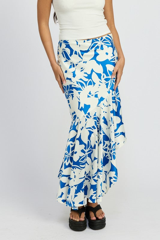 Lucca Asymmetrical Ruffle Hem Floral Maxi Skirt