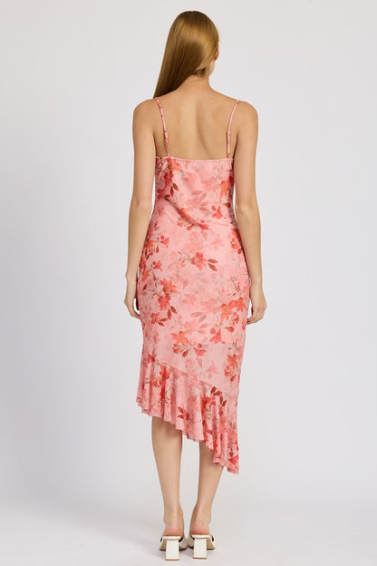 Laguna Asymmetrical Ruffle Detail Floral Midi Dress