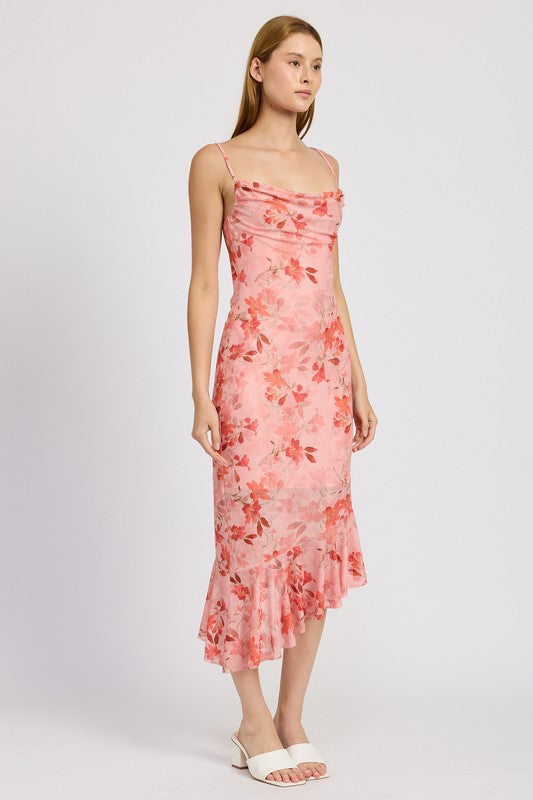 Laguna Asymmetrical Ruffle Detail Floral Midi Dress