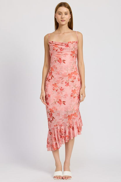 Laguna Asymmetrical Ruffle Detail Floral Midi Dress