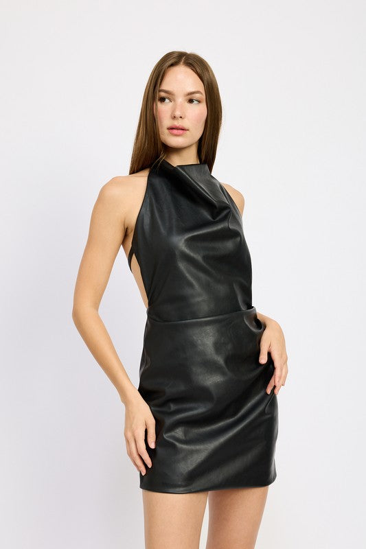 Liylah Leather Halter Neck Mini Dress