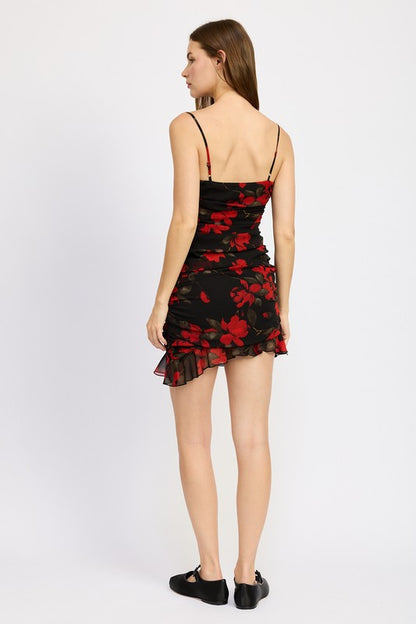 Rosie Floral Ruched Asymmetrical Ruffle Mini Dress