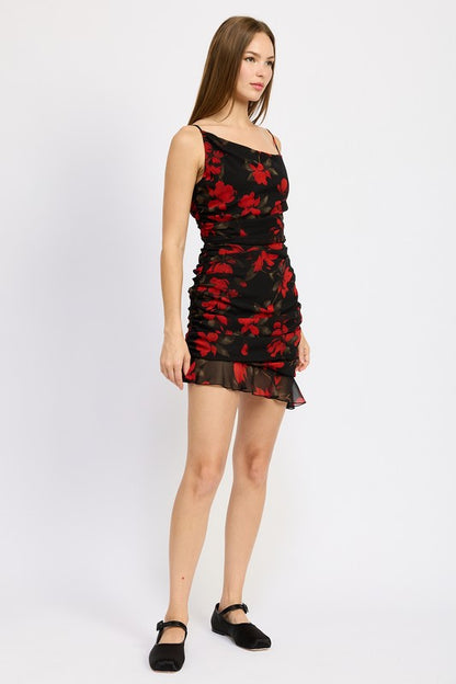 Rosie Floral Ruched Asymmetrical Ruffle Mini Dress