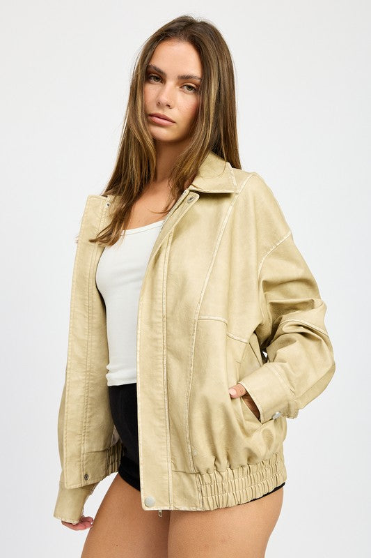 Valerie Leather Oversized Bomber Jacket