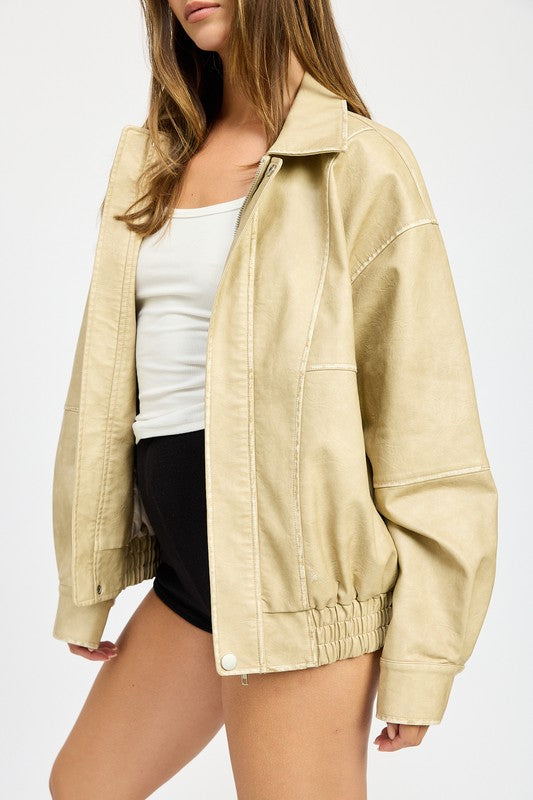 Valerie Leather Oversized Bomber Jacket