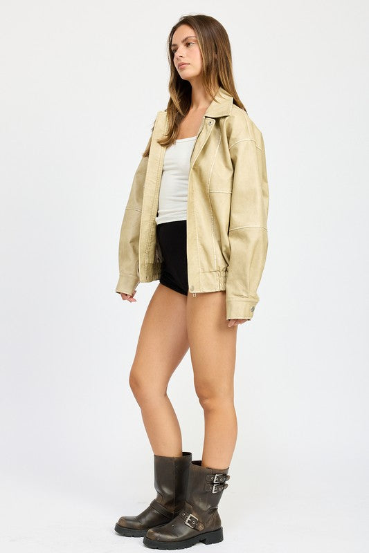 Valerie Leather Oversized Bomber Jacket