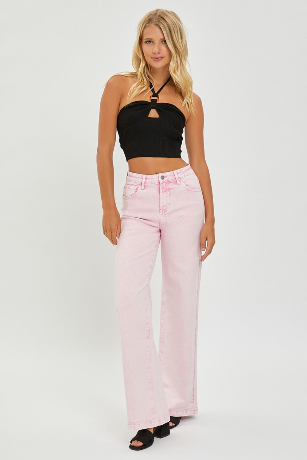 RISEN Pink High Rise Tummy Control Wide Leg Jeans