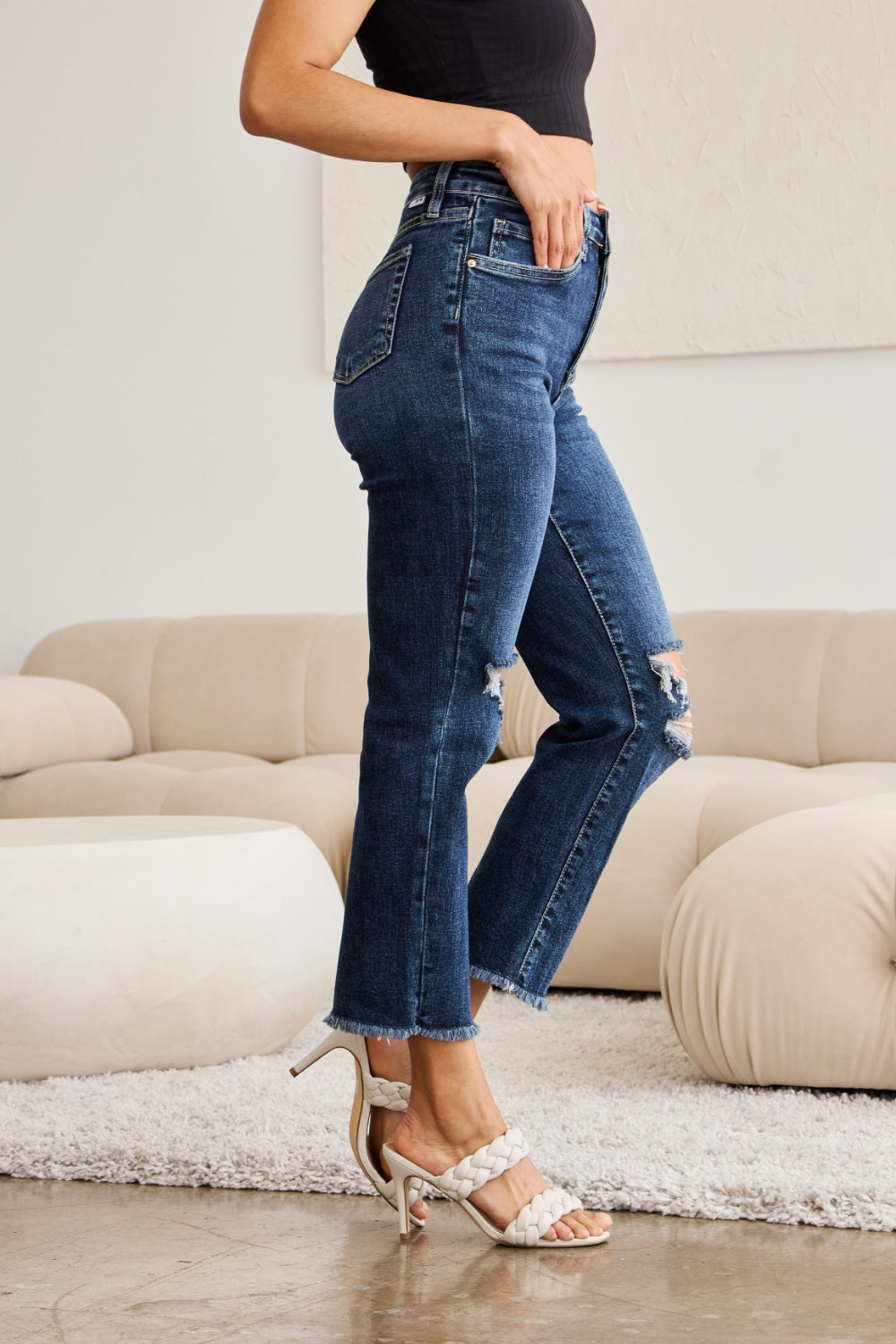 Tummy Control Distressed High Waist Raw Hem Jeans