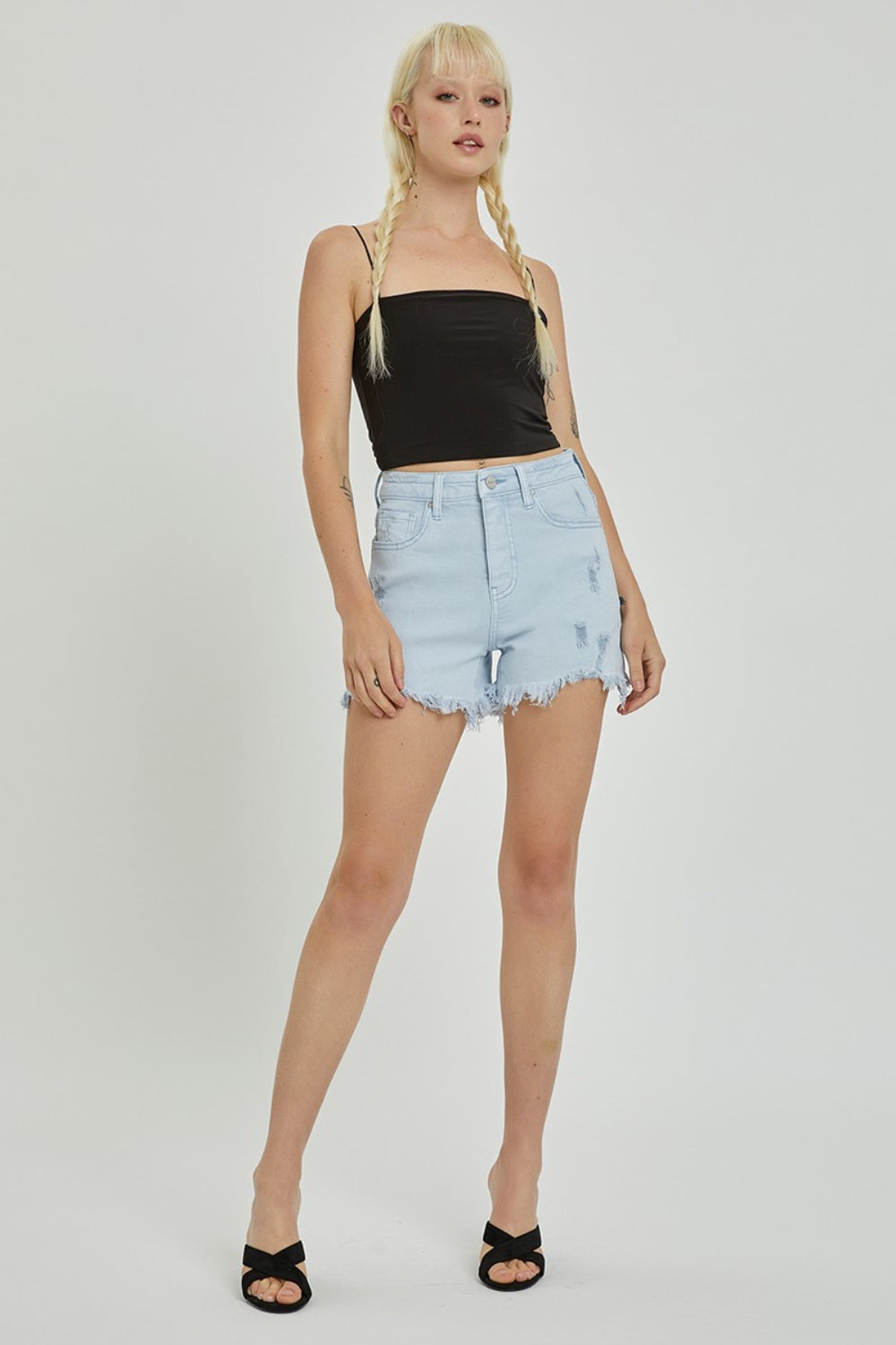 RISEN High Rise Distressed Denim Shorts