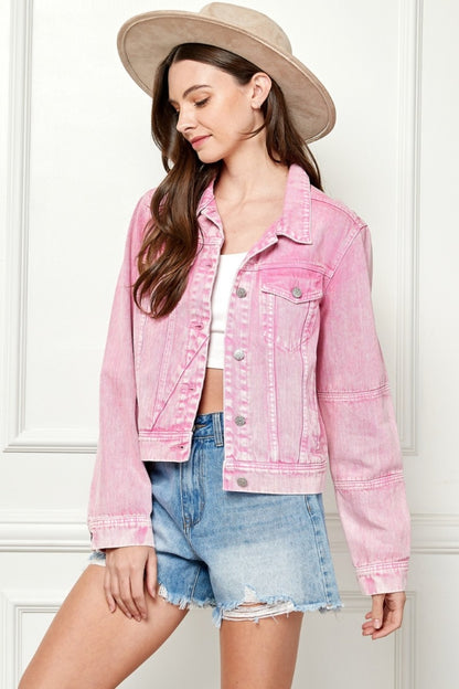 Pink Cropped Denim Jacket