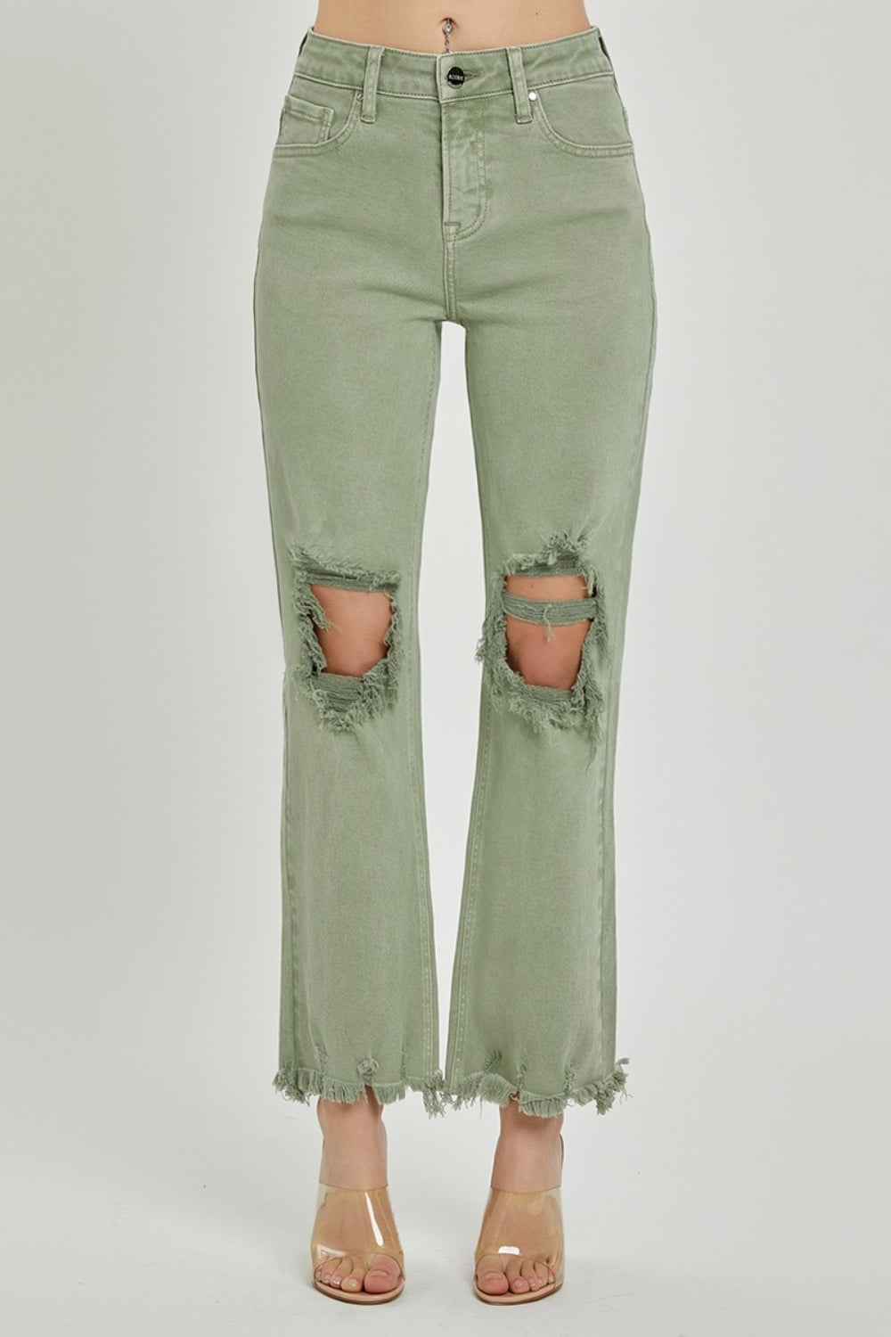 RISEN Green Distressed Ankle Bootcut Jeans