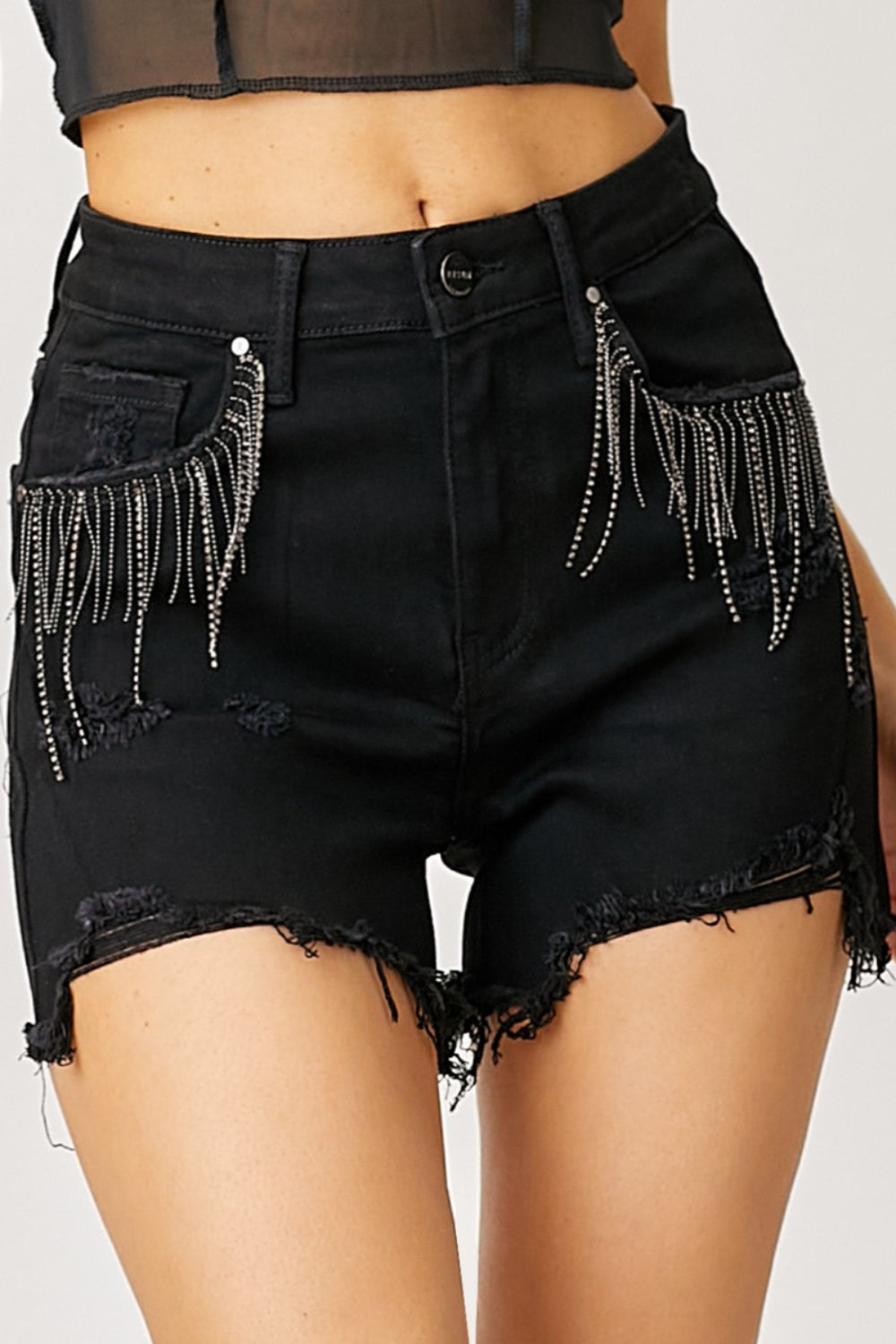 RISEN Rhinestone Fringe Frayed Hem Denim Shorts