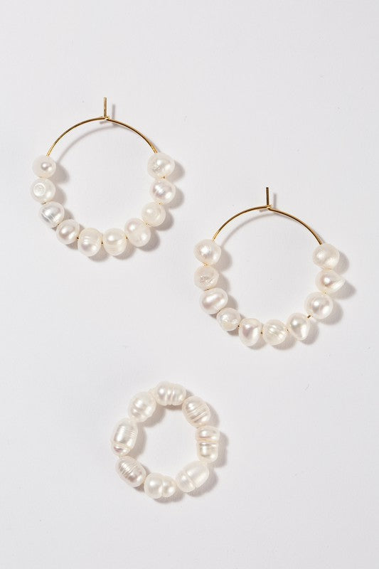 Natural Pearl Hoop Ring Earring Set