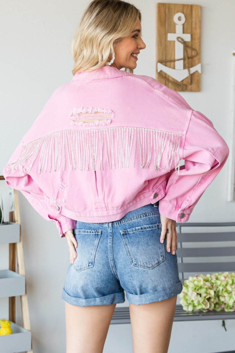 Cassidy Fringe Rhinestone Distressed Denim Jacket