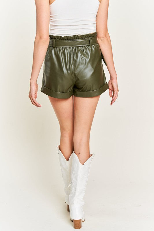 High Waist Belted Faux Leather Short