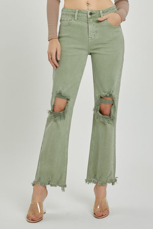 RISEN Green Distressed Ankle Bootcut Jeans