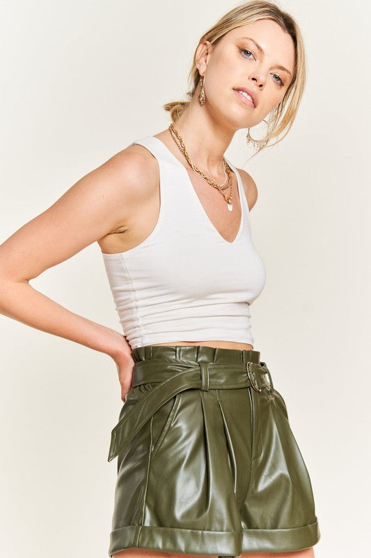 High Waist Belted Faux Leather Short