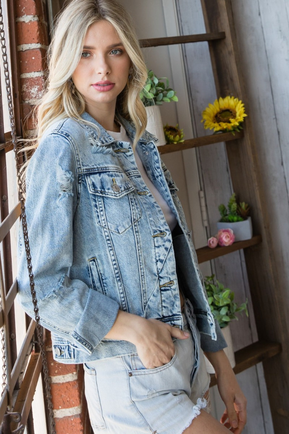 Daytona Distressed Button Up Denim Jacket