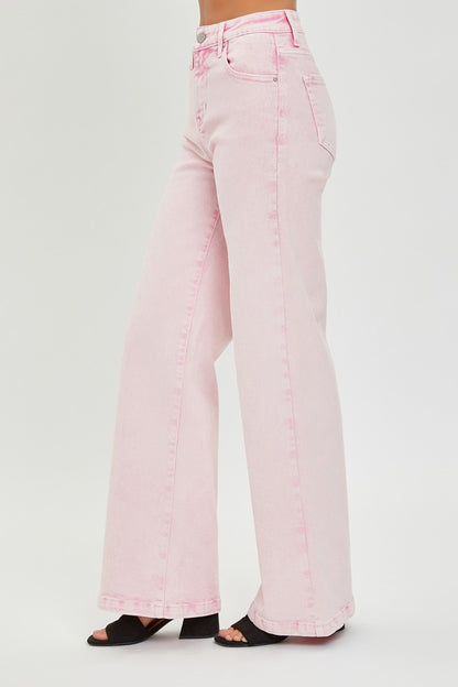 RISEN Pink High Rise Tummy Control Wide Leg Jeans