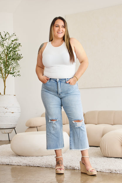 Tummy Control High Waist Raw Hem Distressed Jeans