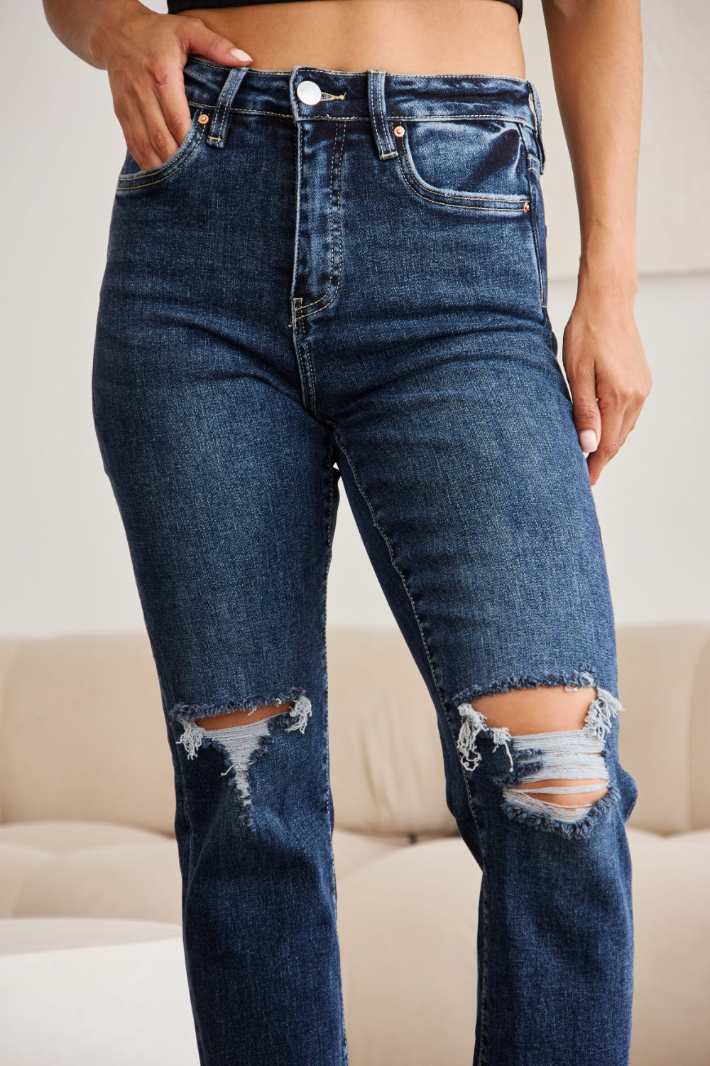 Tummy Control Distressed High Waist Raw Hem Jeans