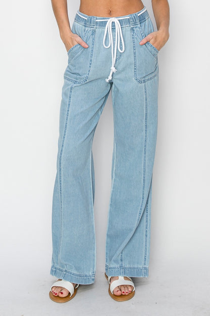 RISEN Drawstring High Rise Straight Leg Jeans