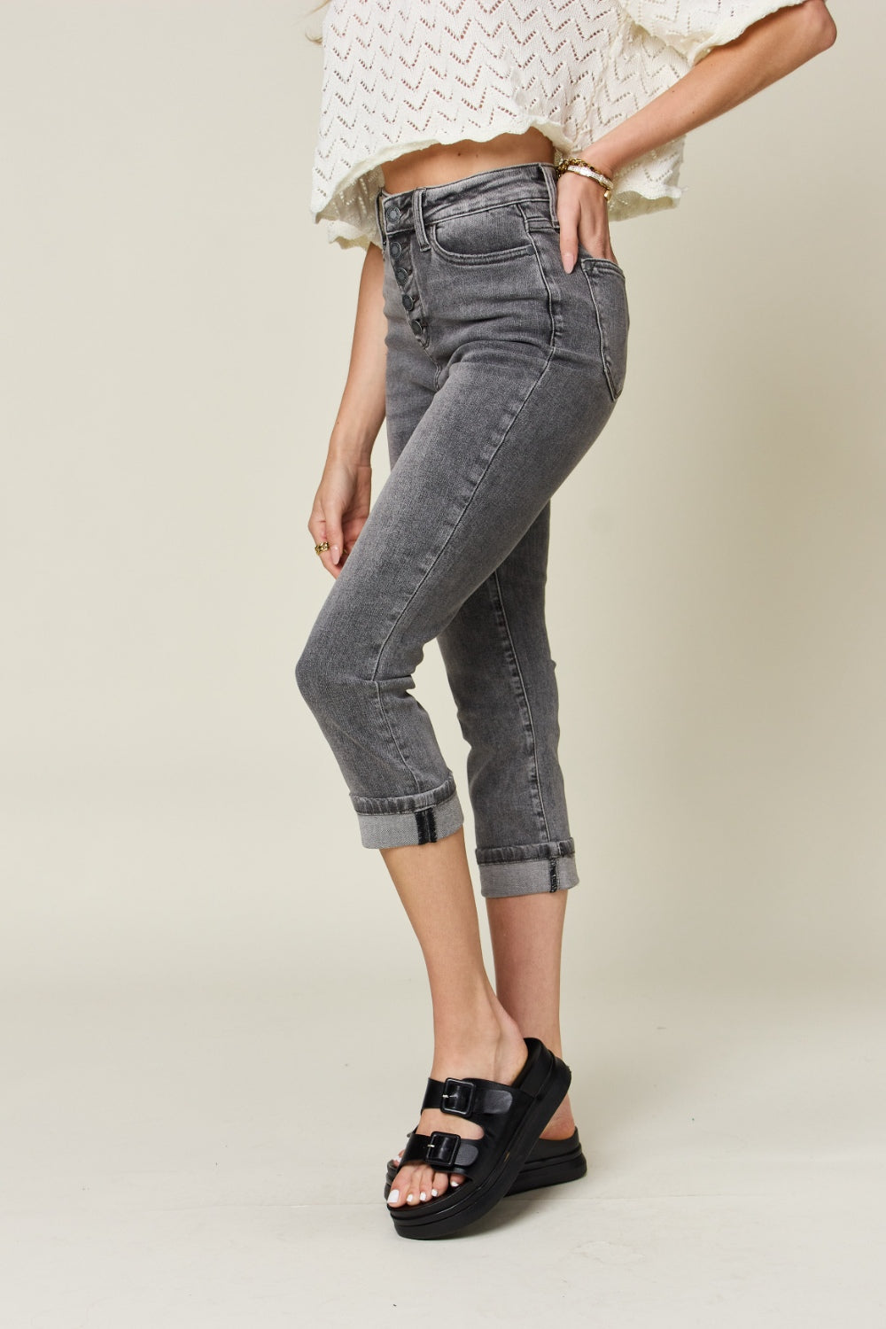 Judy Blue Button Fly High Waist Capris Cuffed Jeans