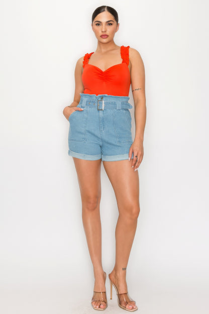 Belted Paperbag Denim Shorts