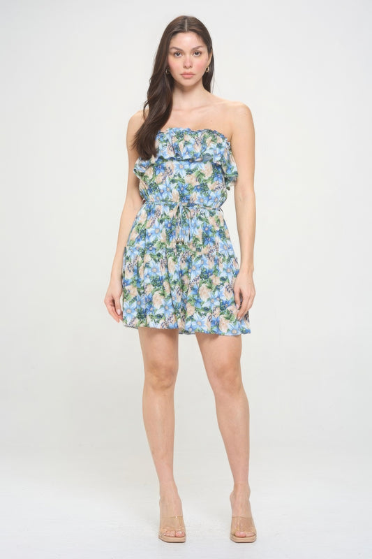 Vienna Flower Ruffle Tube Top Mini Dress