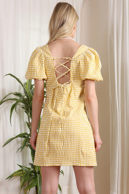 Poppy Puff Sleeve Gingham Back Tie Mini Dress