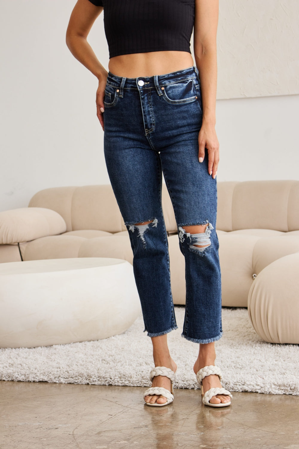 Tummy Control Distressed High Waist Raw Hem Jeans