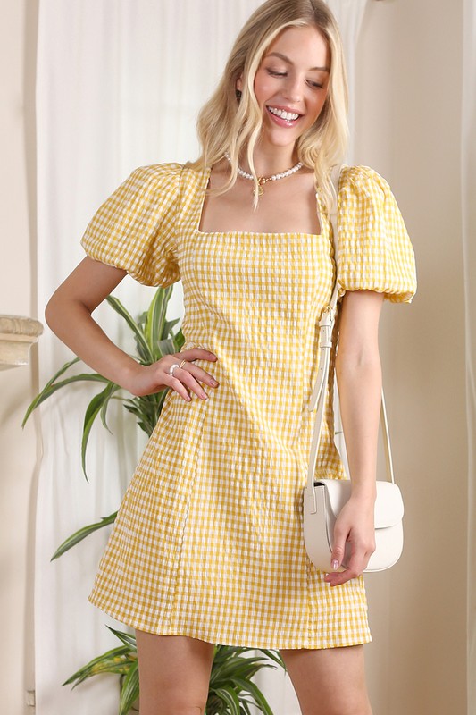 Poppy Puff Sleeve Gingham Back Tie Mini Dress