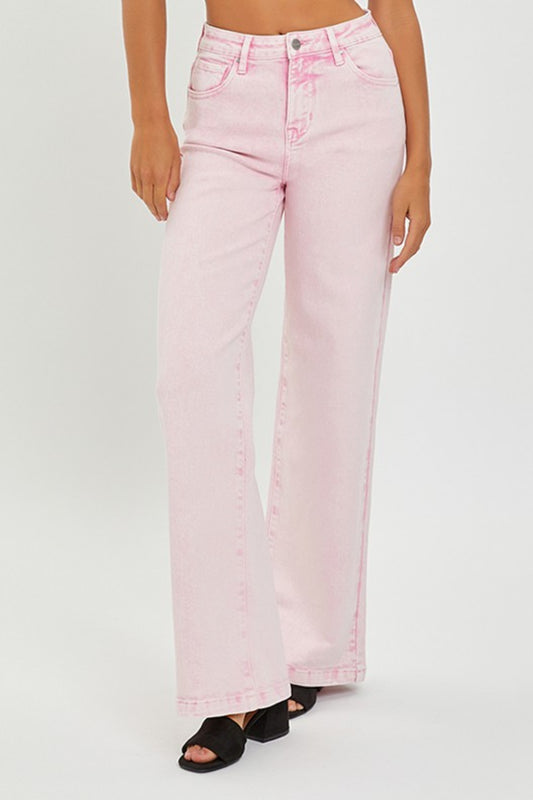 RISEN Pink High Rise Tummy Control Wide Leg Jeans